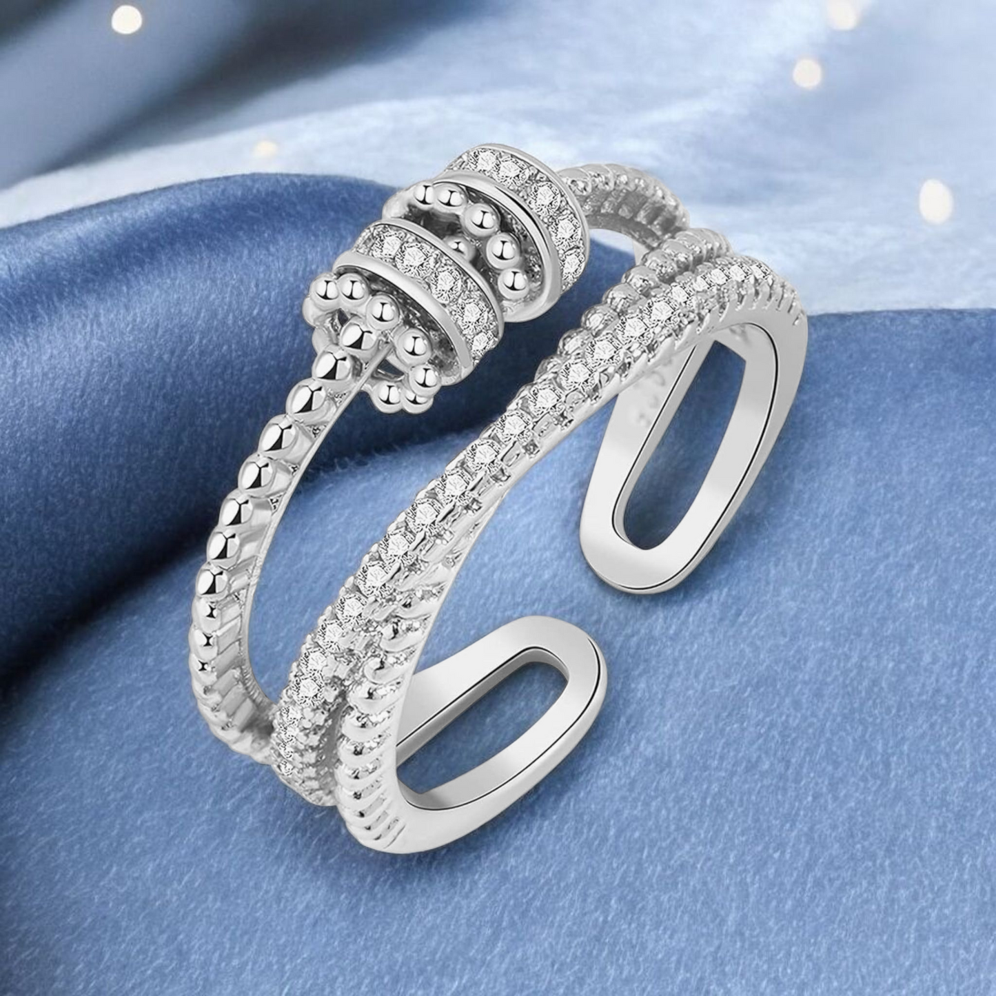 Women's Silver Anxiety spinning beads adjustable Ring
