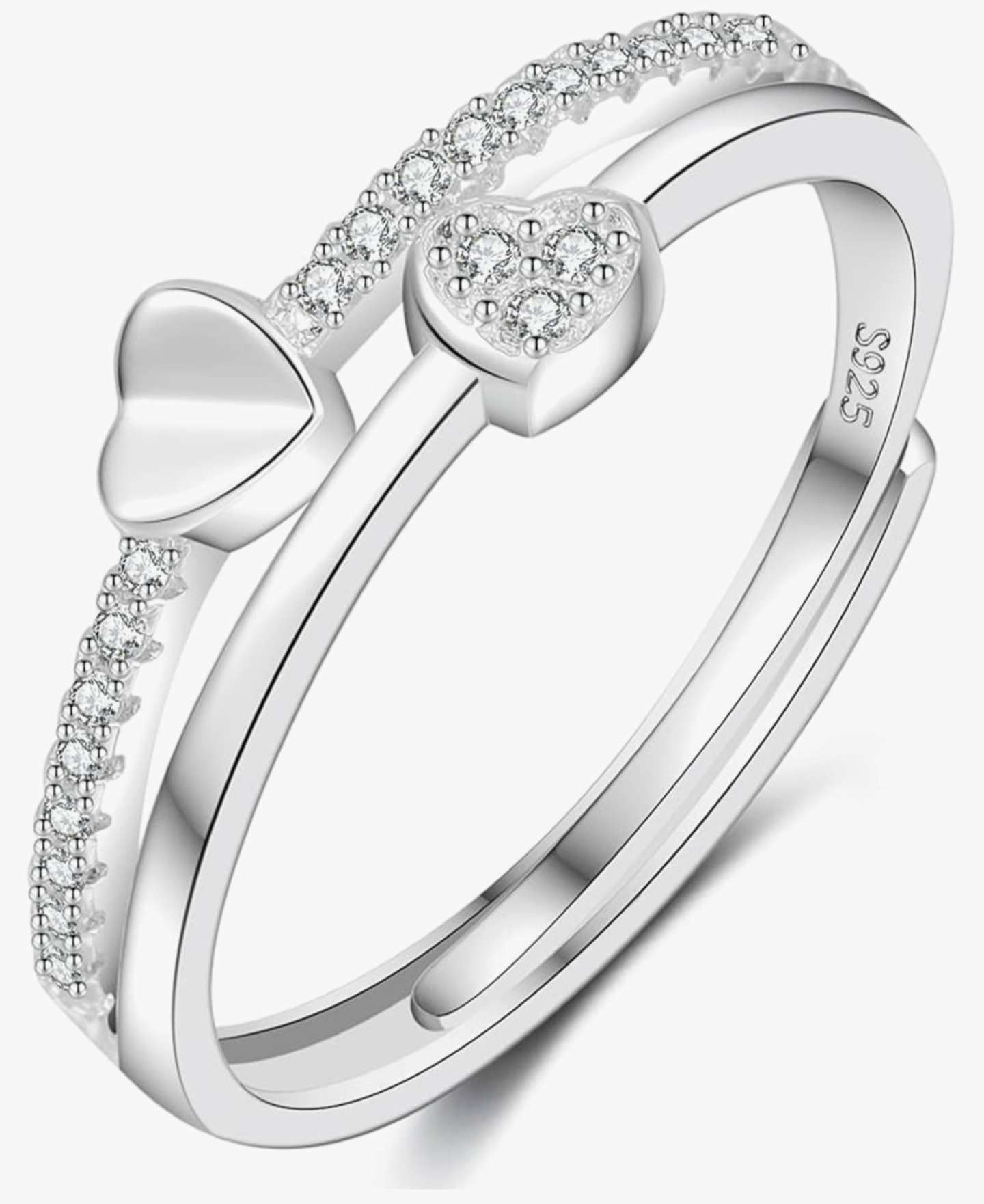 Silver 925 Double Heart Adjustable Banded Design Ring