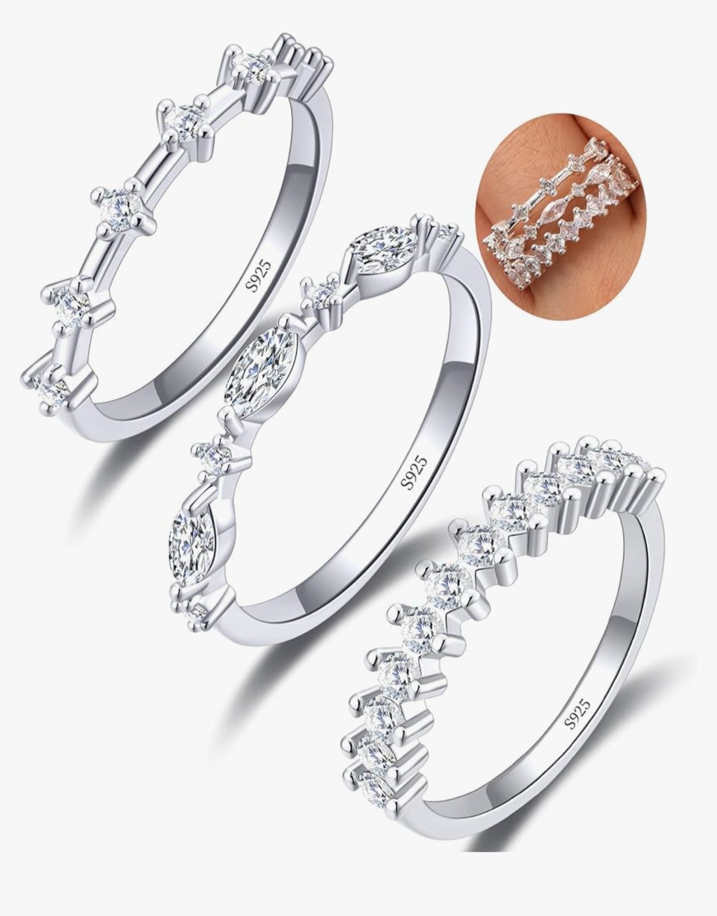 3 Set Adjustable Silver 925 Rings