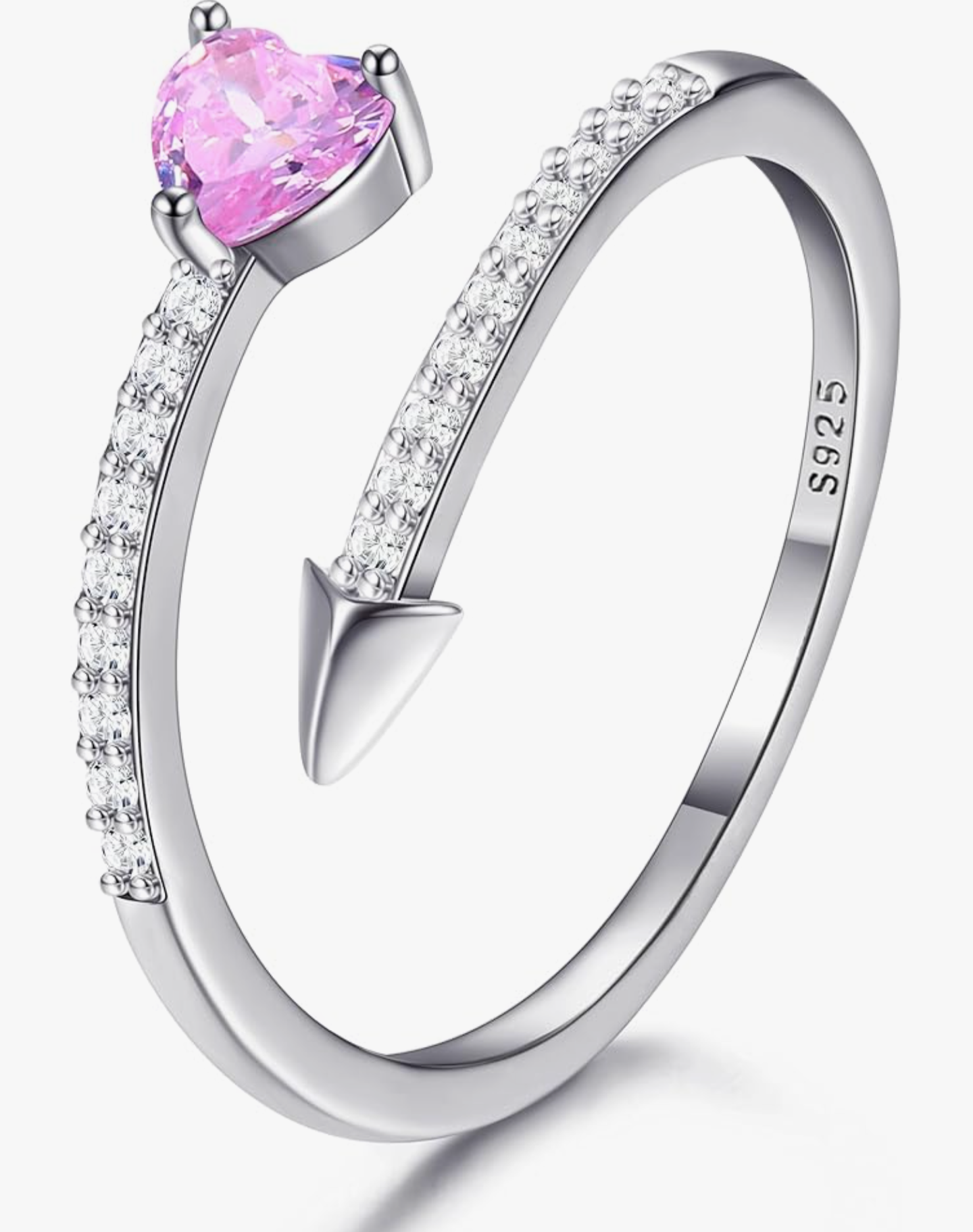 Silver 925 Pink Heart Adjustable Banded Design Ring