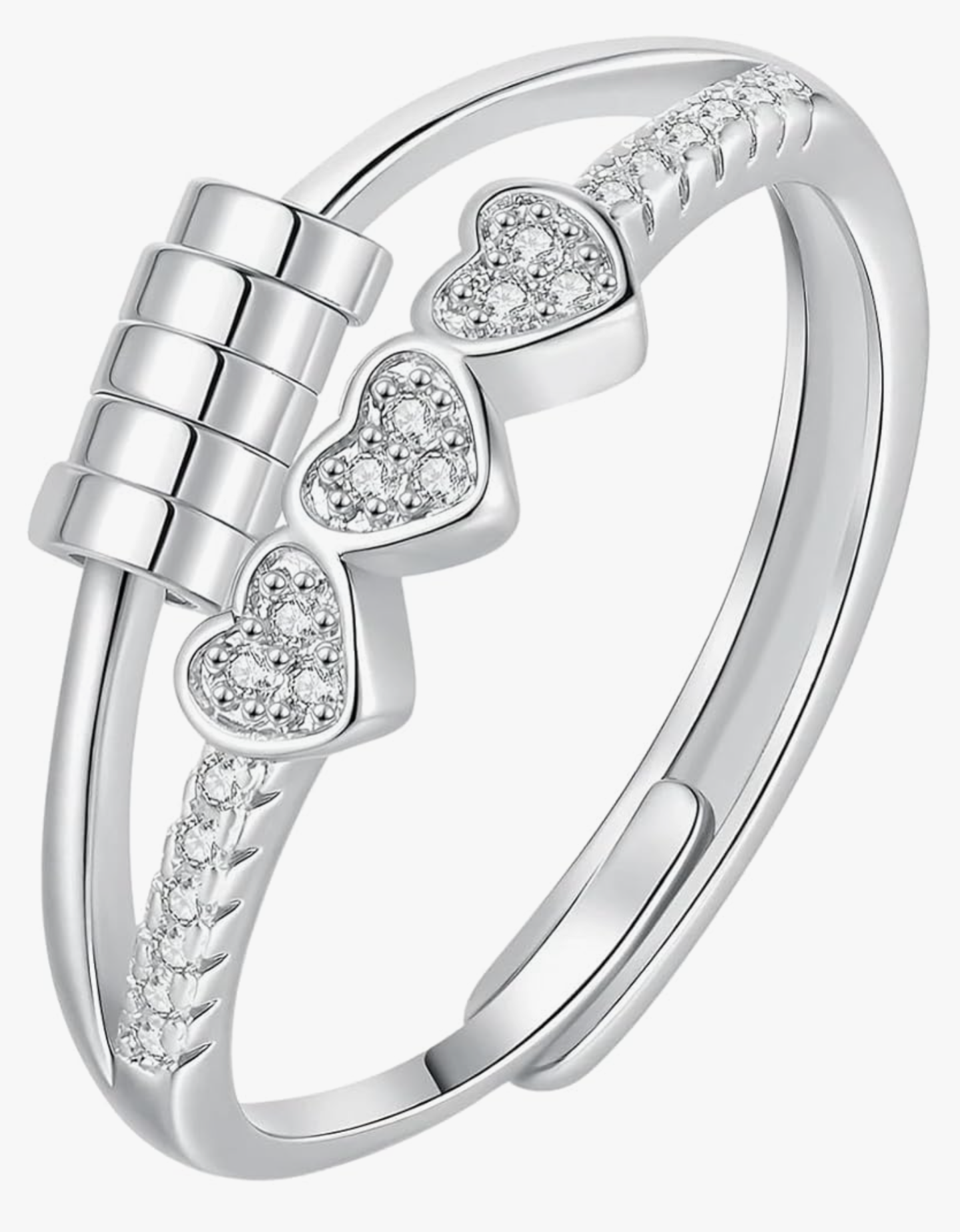 Women's Silver Heart Anxiety 'Rose' triple spinning adjustable Ring