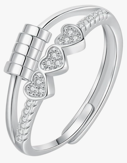 Women's Silver Heart Anxiety 'Rose' triple spinning adjustable Ring