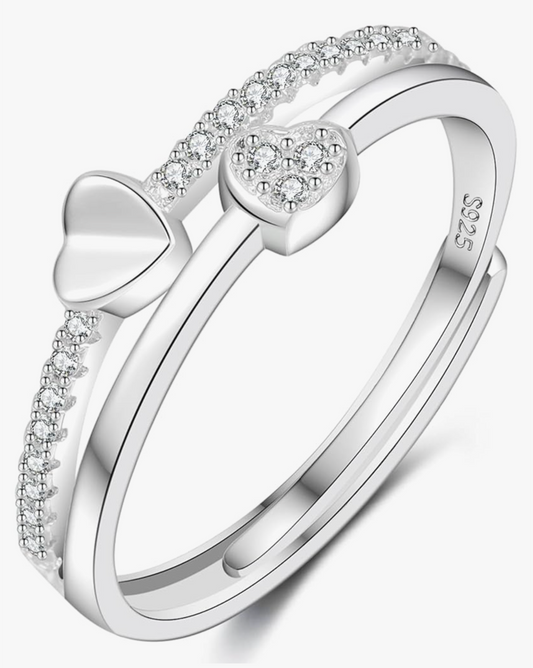 925 Silver Double Heart  Adjustable Ring