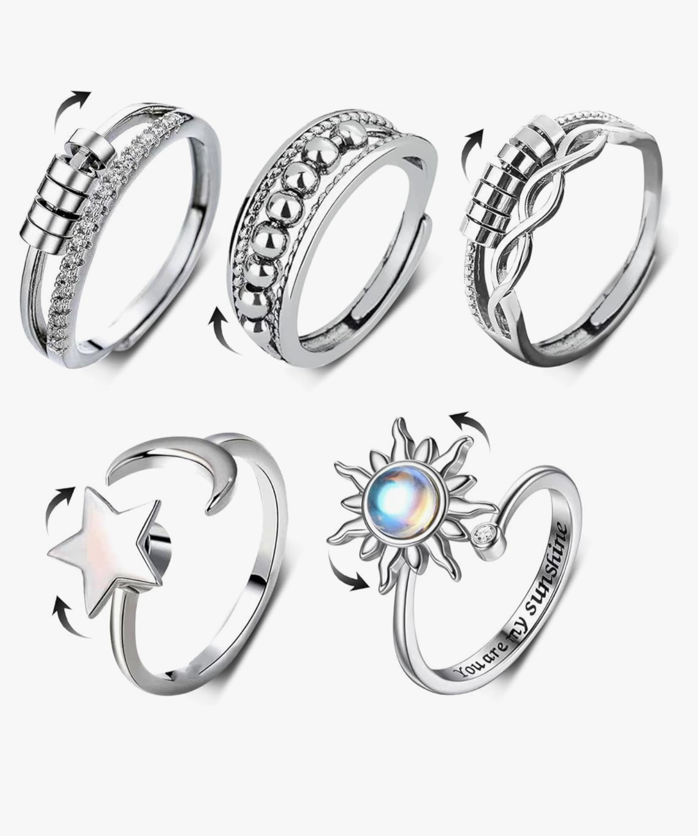 5 Set Adjustable Silver Rings, anxiety relief ring