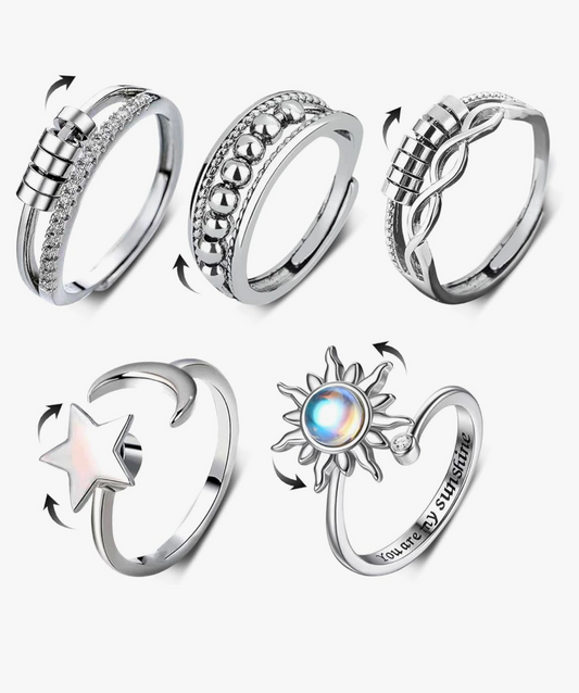 5 Set Adjustable Silver Rings, anxiety relief ring