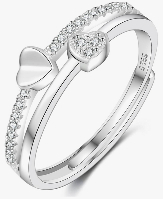 Silver 925 Double Heart Adjustable Banded Design Ring