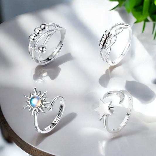 4 Set Women's Silver Anxiety Spinning Beads Adjustable Rings