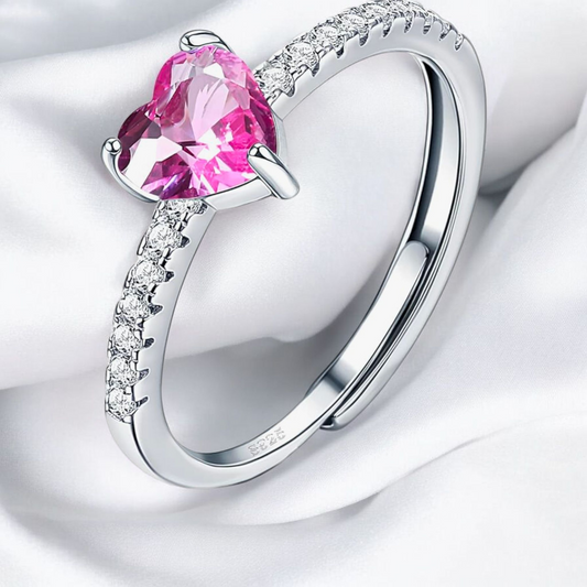 Silver 925 Adjustable Band Pink Heart Ring