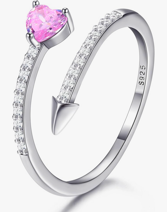 Silver 925 Pink Heart Adjustable Banded Design Ring