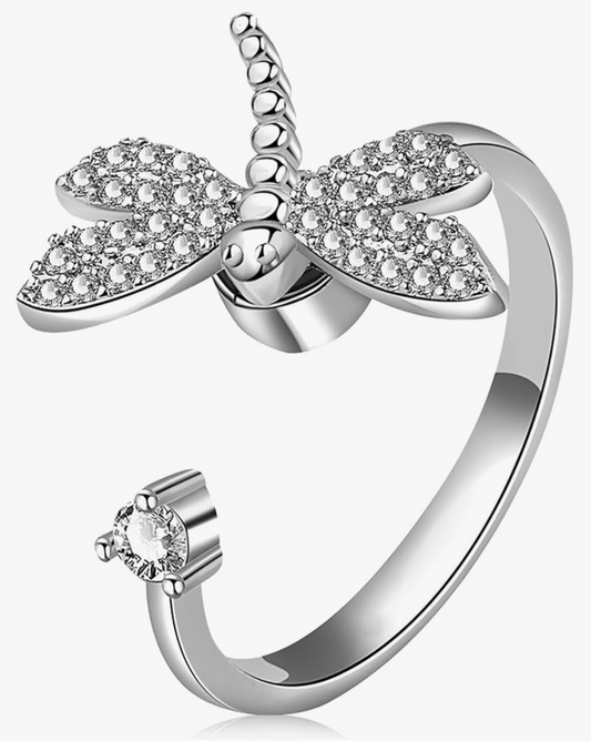 Silver 'Dragon Fly Anxiety' adjustable Band Ring