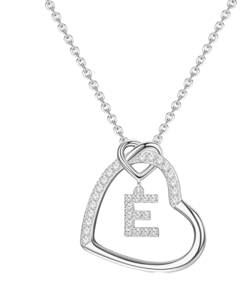 Heart Initial Necklace - Stainless Steel Silver Name Necklace with Heart Letter Pendant