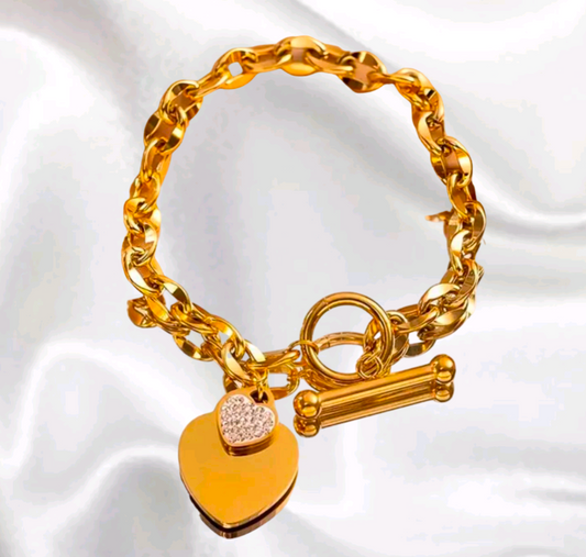 Stainless Steel Gold Lock Chain Double heart Bracelet