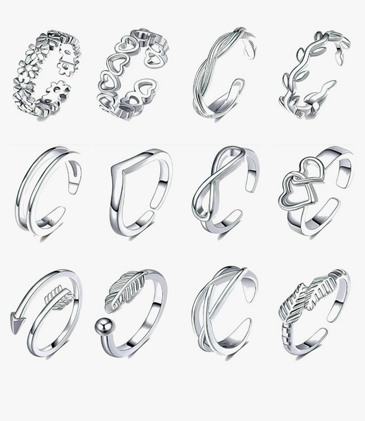 12 adjustable silver designed rings