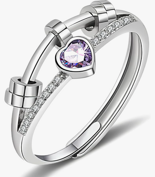 Women's Silver Heart Anxiety 'Lily' purple spinning adjustable Ring
